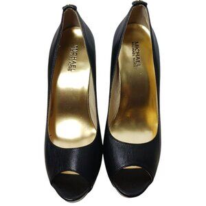 Michael Kors Leather  Open Toe Heels Blk/gold Size 9.5